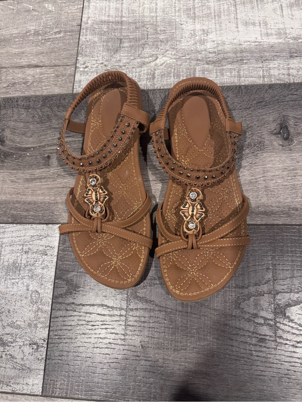 Women's Brown Embellished T-Strap Sandals - Comfortable Everyday Style